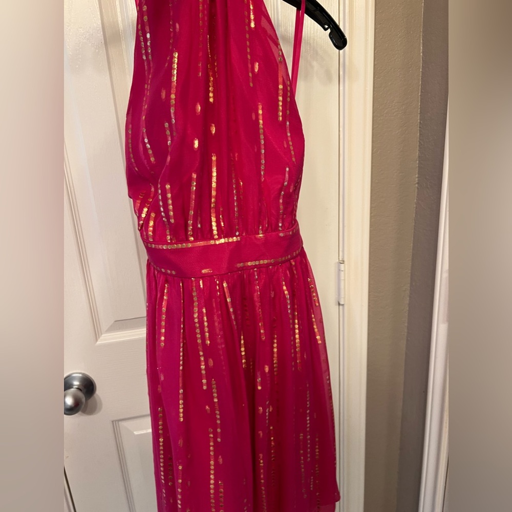 NWT Milly size 4 backless pink and gold, silk halter mini dress - Picture 3 of 11